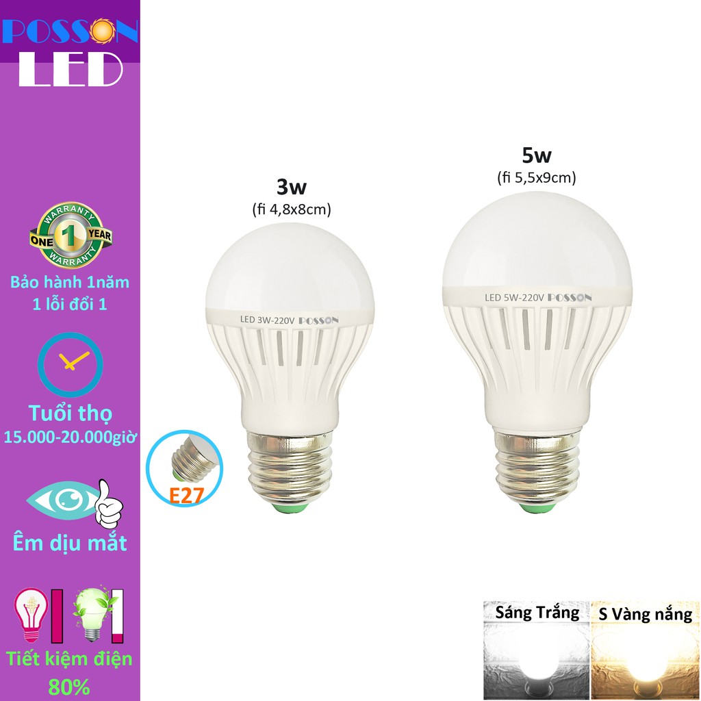 Bóng đèn Led 3w 5w bup tròn bulb tiết kiệm điện giá rẻ Posson LB-E3-5x | BigBuy360 - bigbuy360.vn
