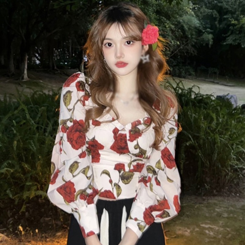Áo Kiểu Cổ Vuông Ôm Dáng In Họa Tiết Hoa Hồng Phong Cách Hàn Quốc Thời Trang Mùa Xuân Xinh Xắn