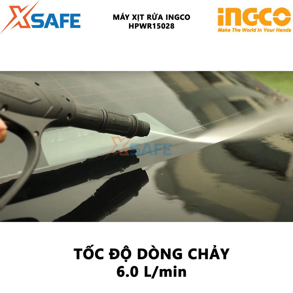 Máy xịt rửa INGCO HPWR15028 Máy rửa xe công suất 1500W, motor từ dây đồng không chổi than, kèm theo bộ súng xịt - XSAFE