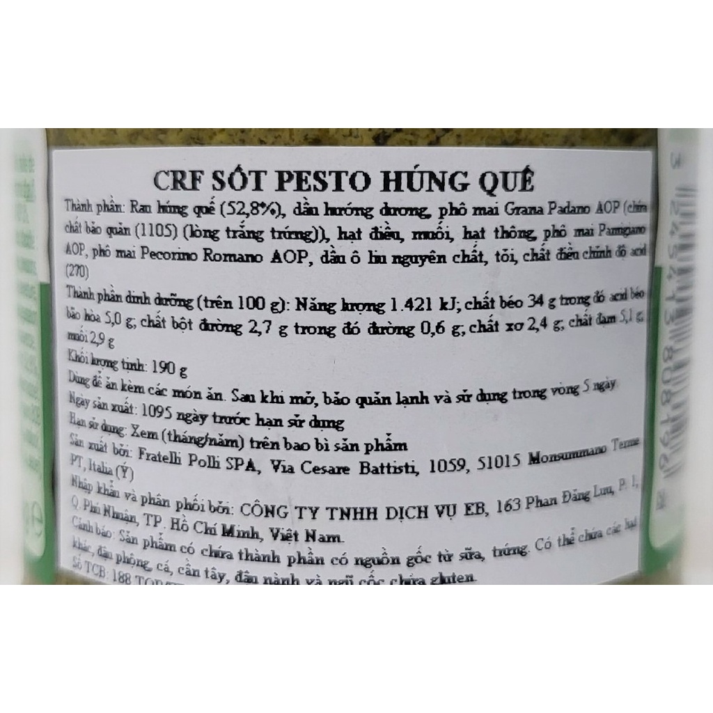 [Lọ 190g] XỐT PESTO HÚNG QUẾ Classic [Italia] CARREFOUR Pesto Sauce with Basil (atp)