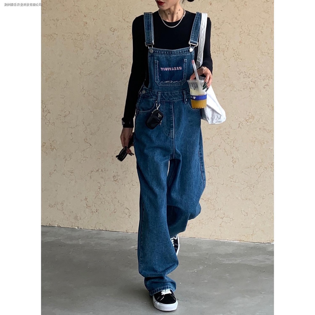 Quần Yếm Denim Màu Xanh Dương Mùa Xuân Thu Phong Cách Retro Mỹ Đường Phố Mới Cho Nữ