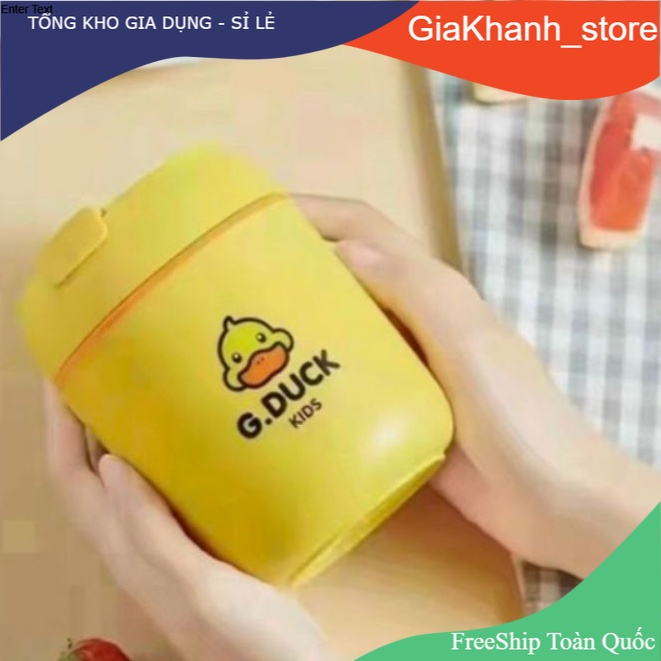 Bình Ủ Cháo Giữ Nhiệt Kèm Thìa In Hình Vịt Vàng G duck Dung Tích 450Ml, Ca giữ nhiệt inox 304 cao cấp