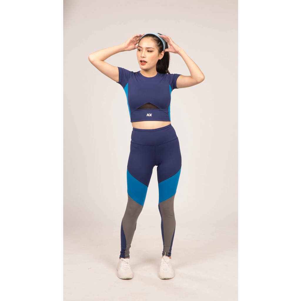 Bộ đồ tập gym yoga thể thao nữ áo bra quần dài phối sọc chéo họa tiết đẹp tôn dáng nâng mông màu xanh