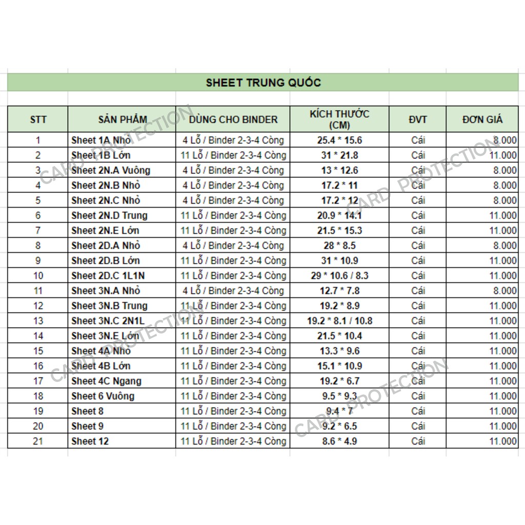 SHEET TRUNG QUỐC  - Bìa Nhựa Đựng Hình