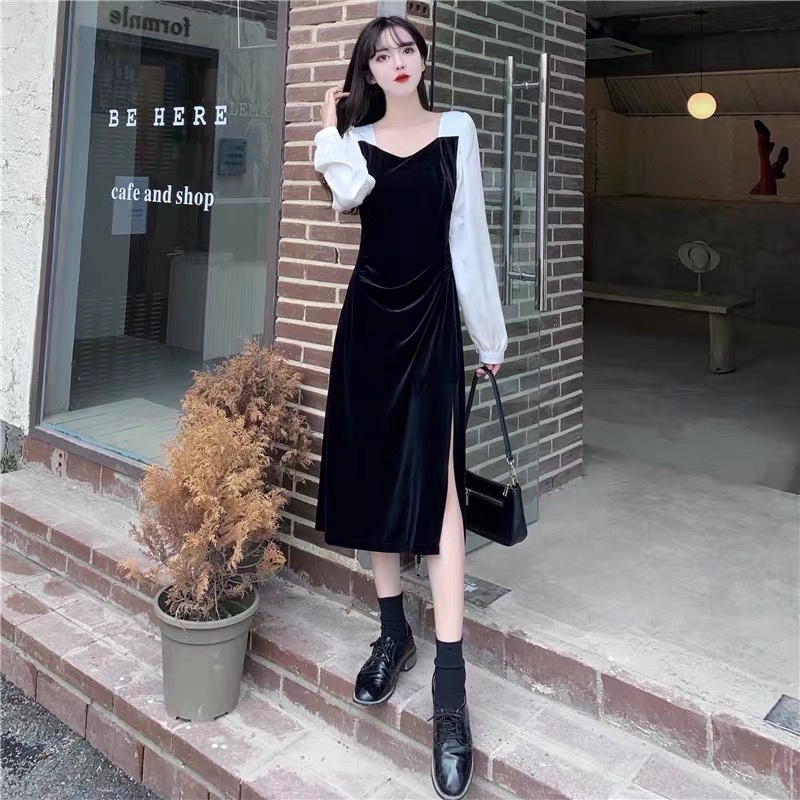 Váy nữ đẹp body nhung dáng dài phối tay voan trắng xẻ tà trẻ trung thanh lịch kiểu dáng Hàn Quốc NITEHY 19