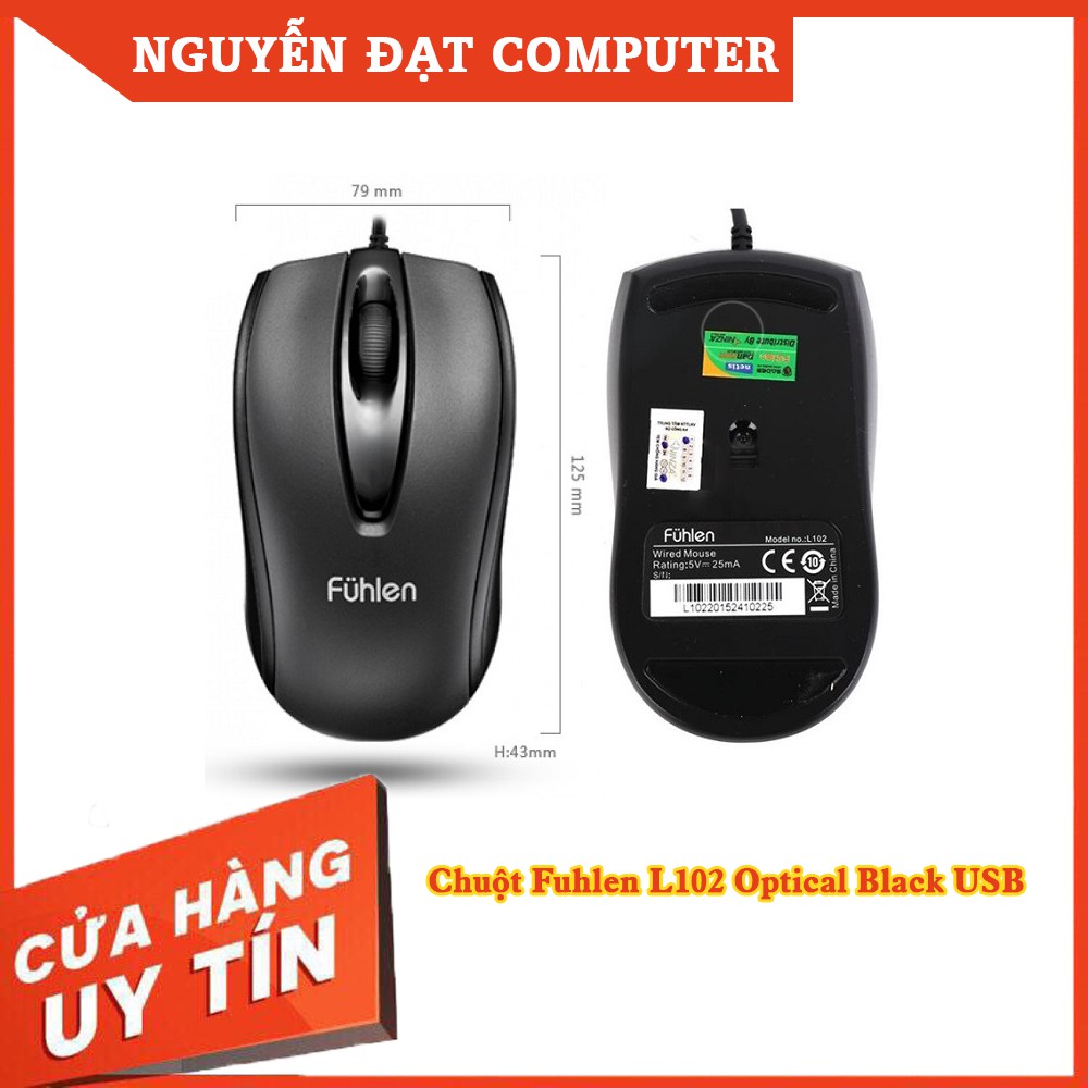Chuột Có Dây Fuhlen L102 Optical Black USB,Chuột Máy Tính Giá Rẻ,Bảo Hành 24 Tháng