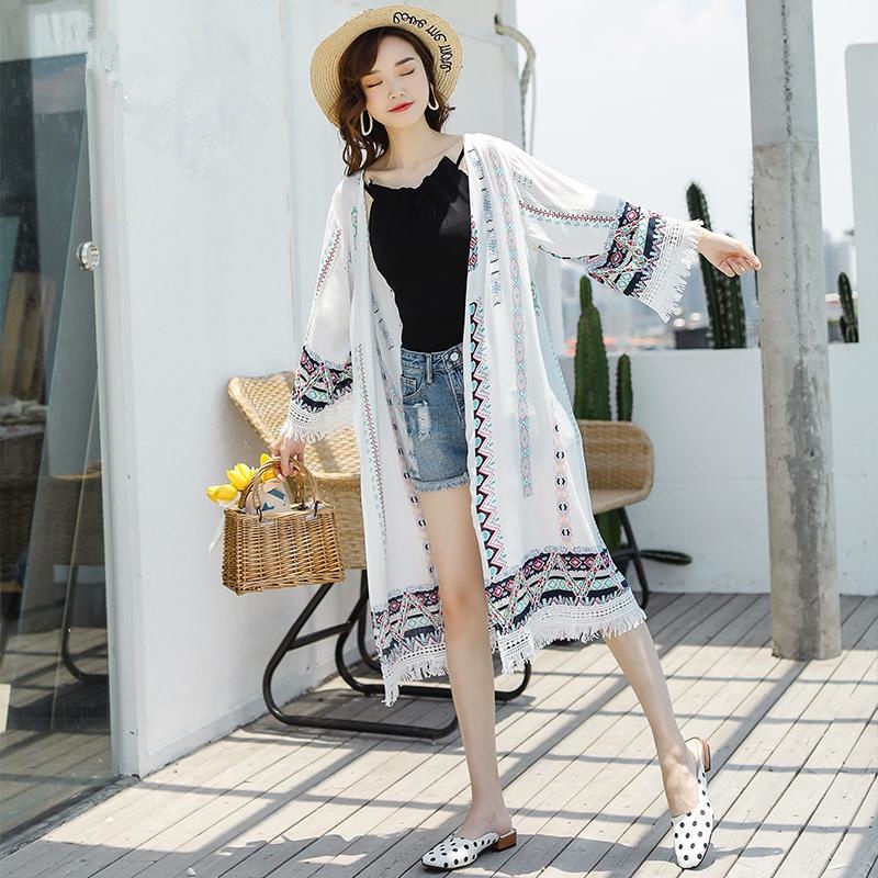 Spot sunscreen shirt women's seaside resort beach sunscreen suit Bohemian wind medium long sunscreen suit summer thin coat sunscreen coat over sunscreen suit wom