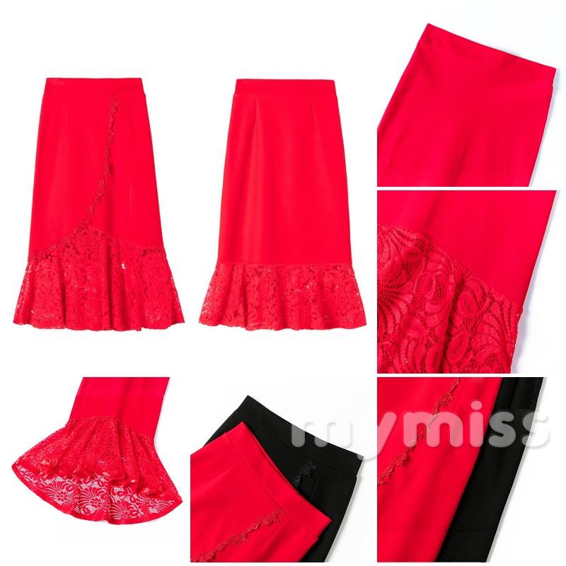 Chân Váy Đuôi Cá Lưng Cao Phối Ren Màu Đỏ / Đen Thời Trang Quyến Rũ Cho Nữ