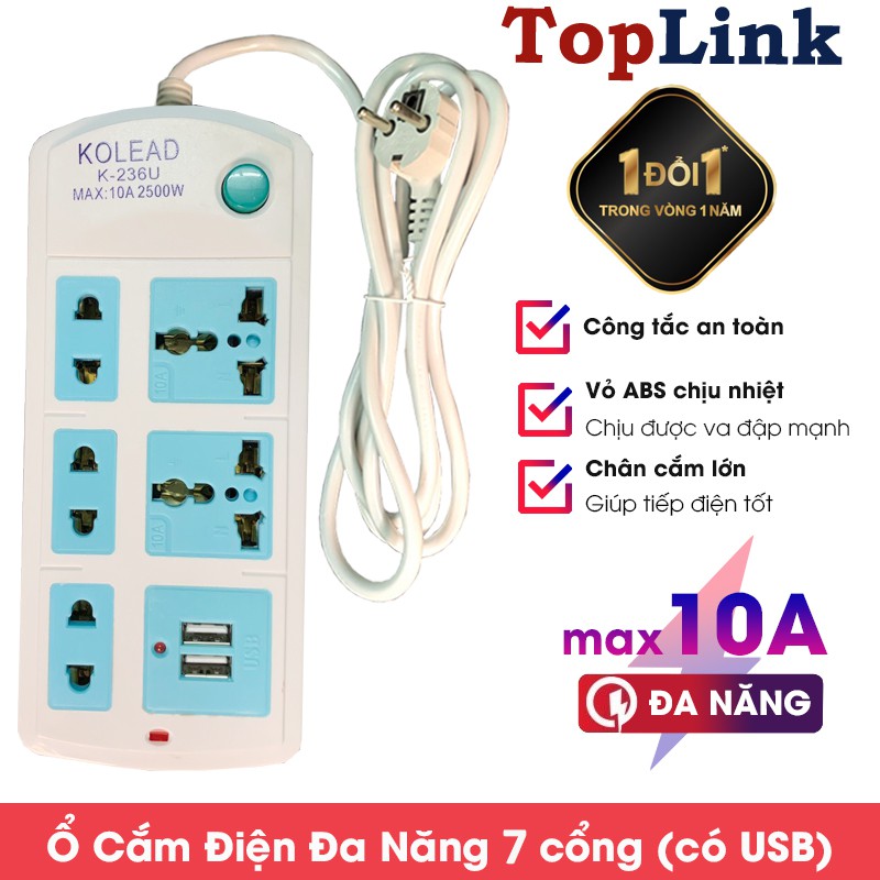 Phích Cắm Điện Đa Năng - Ổ Cắm Điện Đa Năng Có USB Kolead 2500W 10A Nhựa ABS Chịu Nhiệt Và Va Đập Mạnh - TopLink