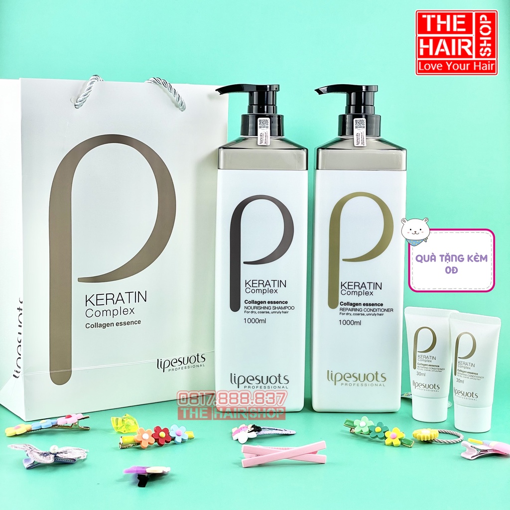 Cặp Dầu Gội Xả P Keratin Collagen Lipesuots 1000ML,kich thích mọc tóc, ngăn gãy rụng giảm tình trạng gàu ngứa