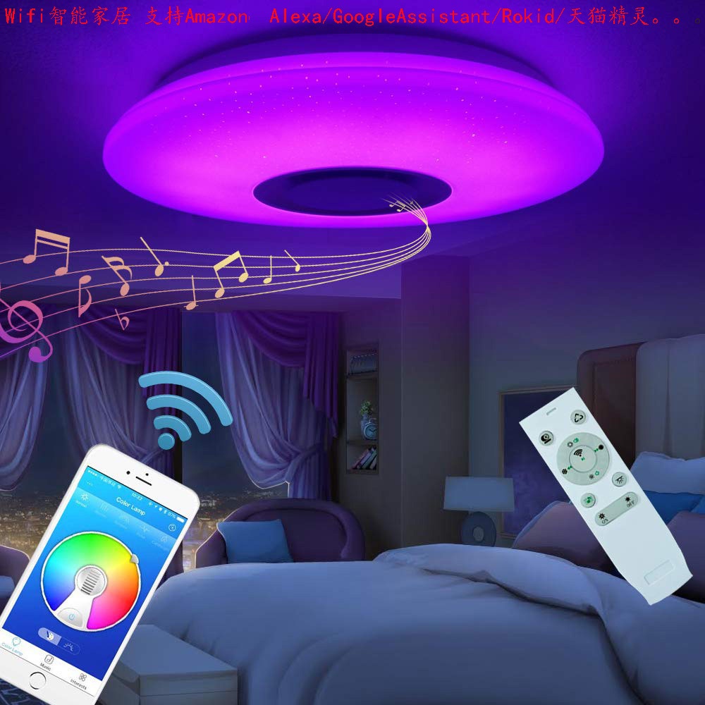 Đèn trần LED 36W thông minh nhiều màu sắc kết hợp loa nghe nhạc điều khiển đổi màu tiện lợi.