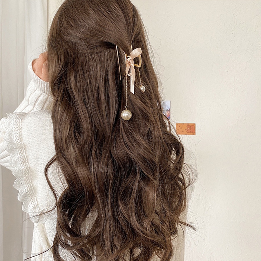 Kẹp tóc kim loại đính nơ và ngọc trai phong cách Hàn Quốc cho nữ