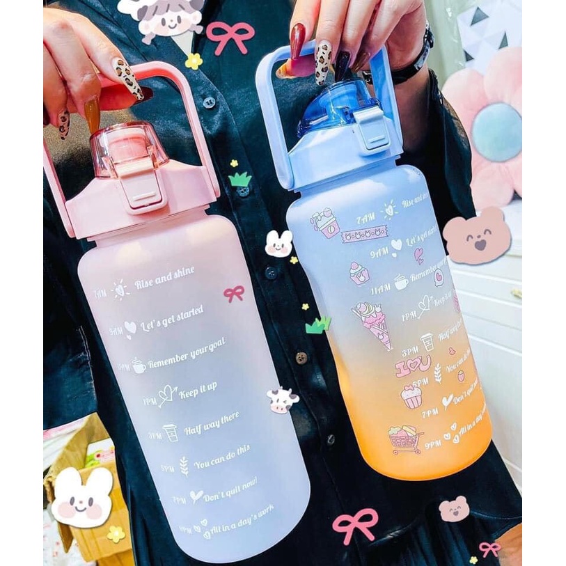 Bình Đựng Nước 2L Dễ Thương Có Vạch Báo Giờ Uống Nước Tặng Sticker