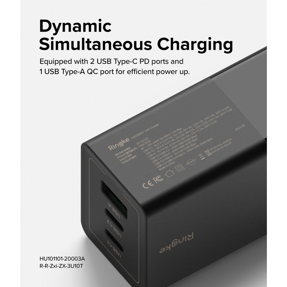 Sạc Nhanh RINGKE 65W GaN 3 Cổng USB-C+USB-C+USB-A