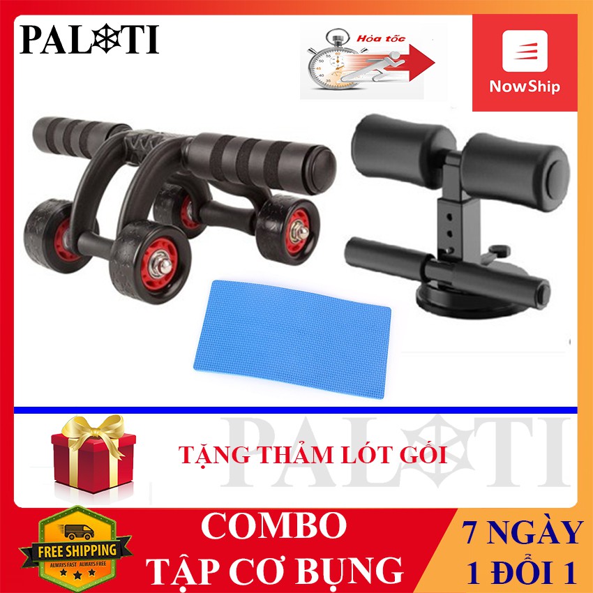 Combo con lăn tập cơ bụng 4 bánh và dụng cụ tập cơ bụng đa năng có đế hút chân không