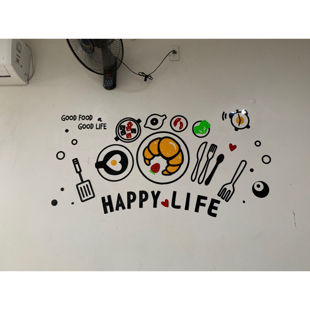 Tranh dán tường mica 3d decor khổ lớn Happy Life trang trí phòng bếp nhà ăn nhà hàng Nhiều Size - EPeBen