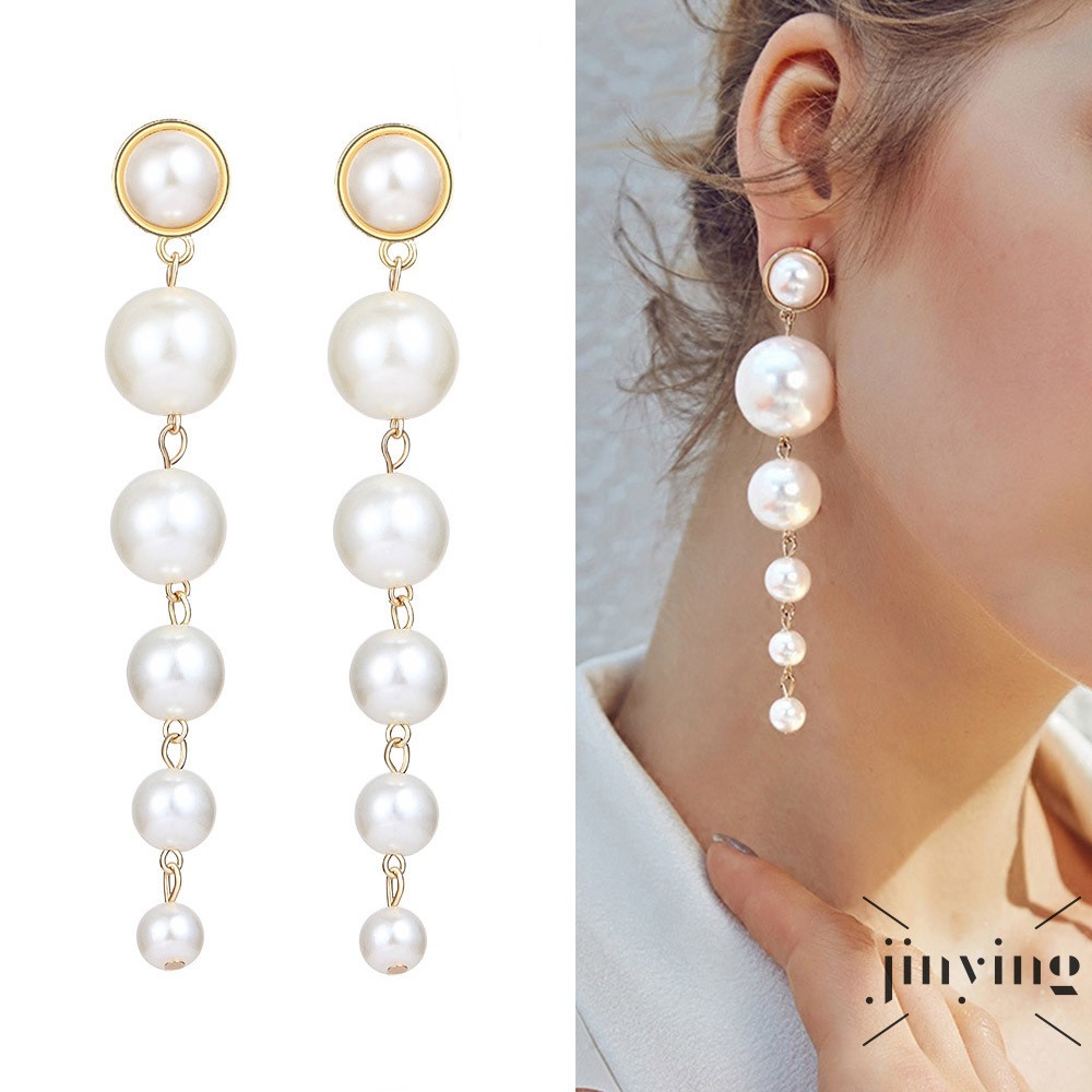 GETNOIVAS Khuyên tai dáng dài đính hạt ngọc trai nhân tạo thời trang
