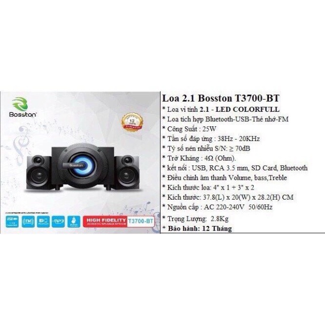 Giá siêu sốc Loa Vi Tính Bluetooth Bosston T3700-BT Led RGB Loa Máy Tính Để Bàn Công Suất 25W Âm Thanh HD Cực Đỉnh