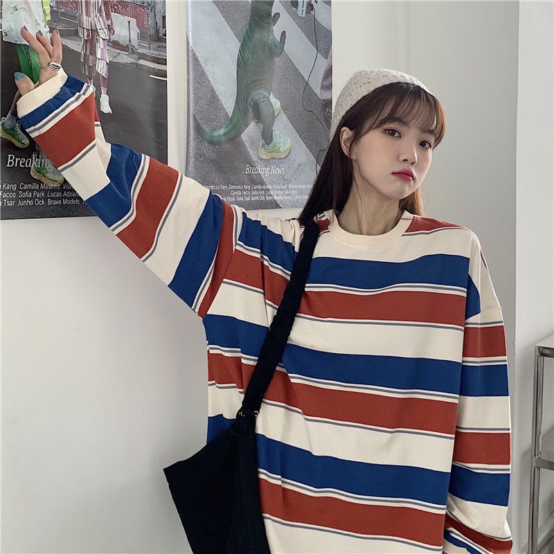 Áo hoodie mỏng tay dài kẻ sọc phong cách Nhật Bản thời trang xuân thu cho nữ 2021