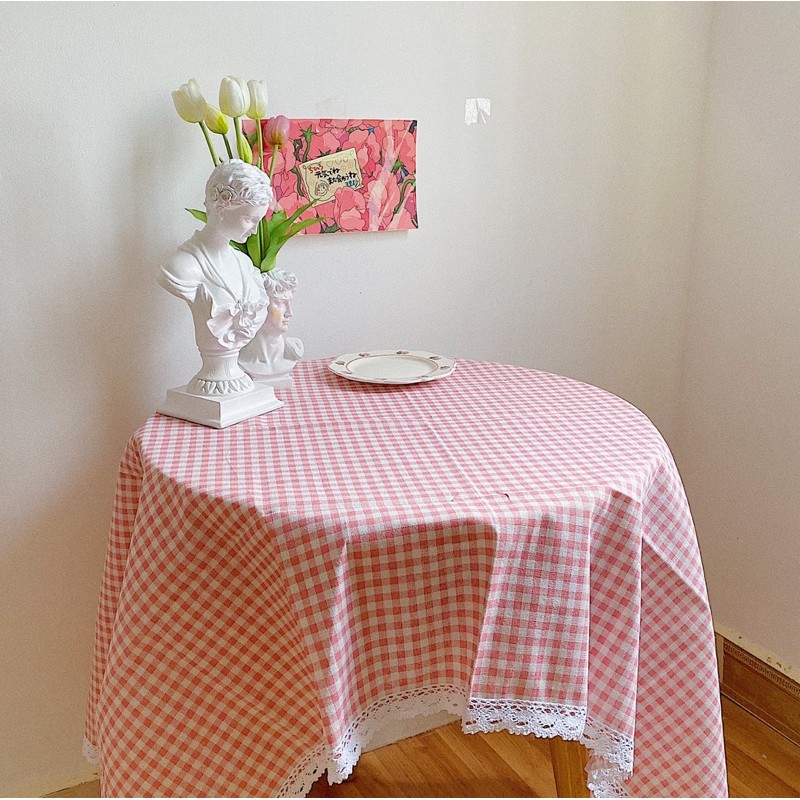 (Hình thật/Có sẵn) Khăn trải bàn Caro Viền Ren Vintage ( 3 màu)