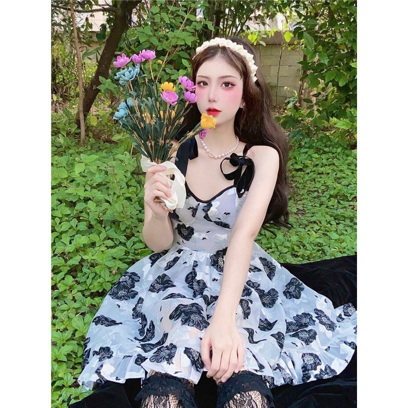 Váy hai dây trắng hoa đen dễ thương công chúa ulzzang Hàn Quốc [Yannie]