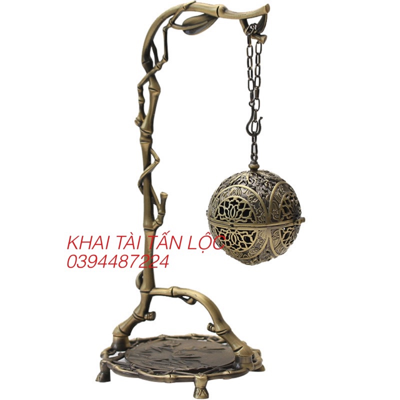 Xông trầm cây tre treo quả cầu long châu bằng đồng phong thủy