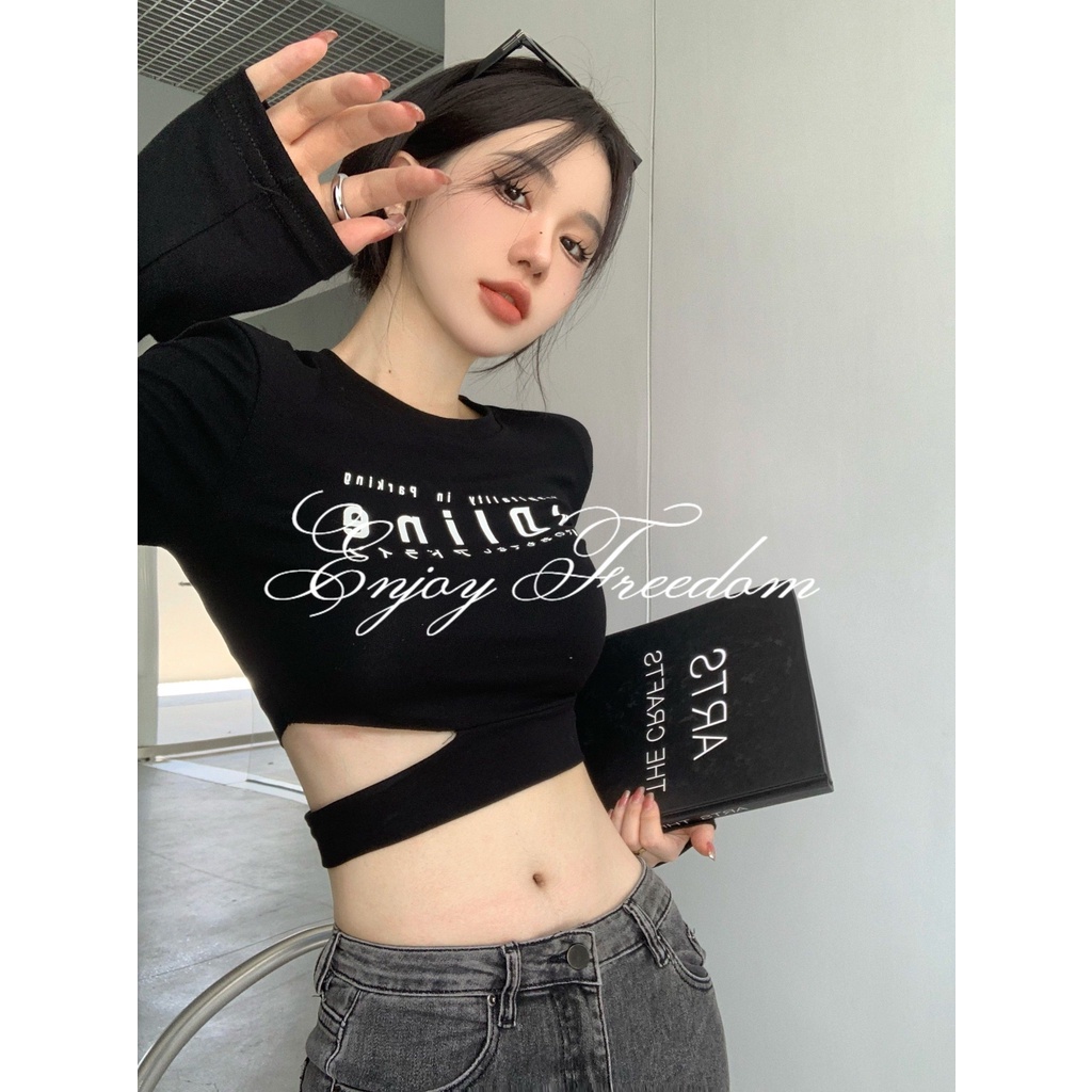 Enjoy Freedom Áo Thun Croptop Tay Dài Dáng Ôm In Chữ Thời Trang Thu Đông 2022