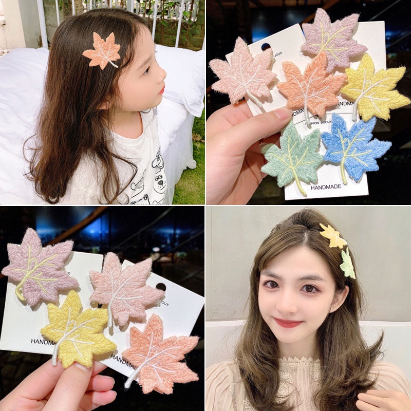 Kẹp Tóc Thêu Hình Lá Phong Xinh Xắn Phong Cách Hàn Quốc Cho Bé