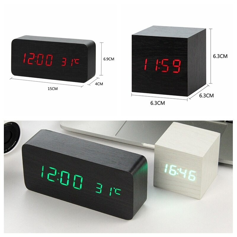 Đồng hồ để bàn LED giả gỗ đẹp - báo thức/ nhiệt kế/ cảm ứng âm thanh - decal amyshop