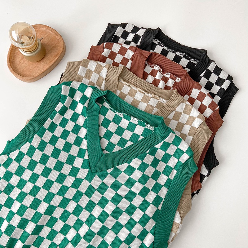 Áo len không tay cổ chữ v form rộng họa tiết sọc caro phong cách Hàn quốc