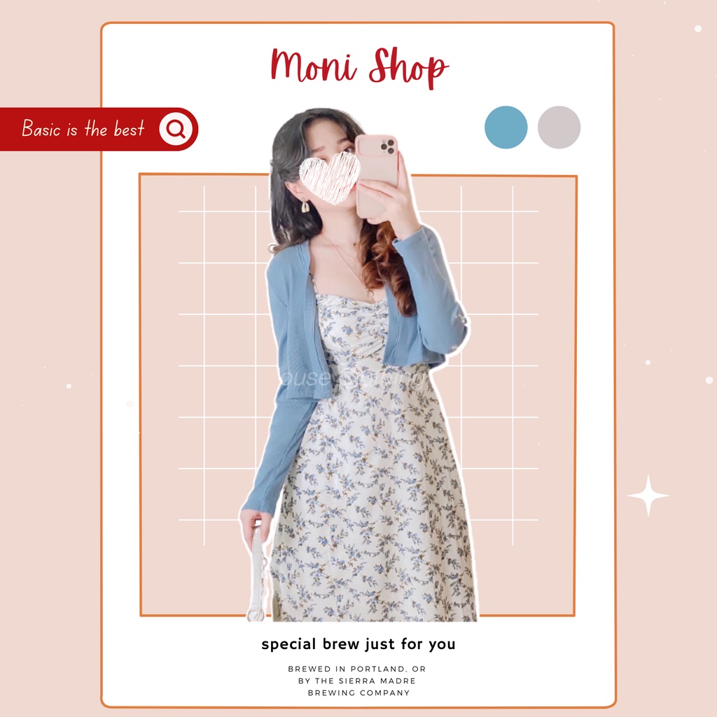 Set đầm 2 dây cột nơ vai hoa nhí dáng dài xoè kèm áo khoác cardigan xanh dương (kèm mút) S63