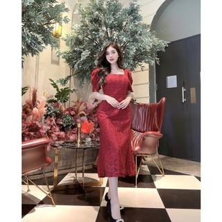 đầm lông đỏ nổi cổ vuông
