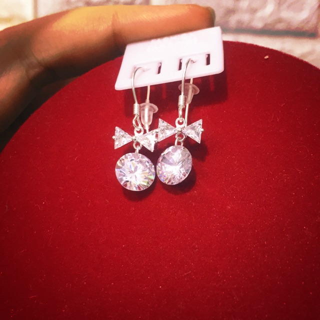 Khuyên tai móc nơ treo đá nhân tạo 7-8li bạc ta siêu sáng đẹp