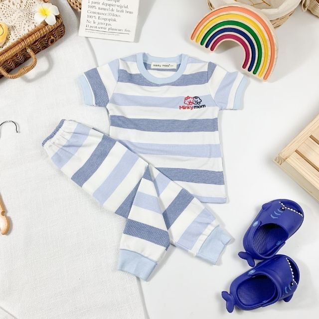 Đồ Bộ Cho Bé Trai Bé Gái Vải Cotton Hàn Minky Mom Tay Ngắn Quần Dài Sọc Kẻ Ngang Dễ Thương-Quần Áo Trẻ Em BABULALA-TN02