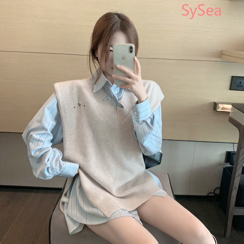 Set Áo Sơ Mi Dài Tay + Áo Khoác Len Không Tay Thời Trang Dành Cho Nữ | BigBuy360 - bigbuy360.vn