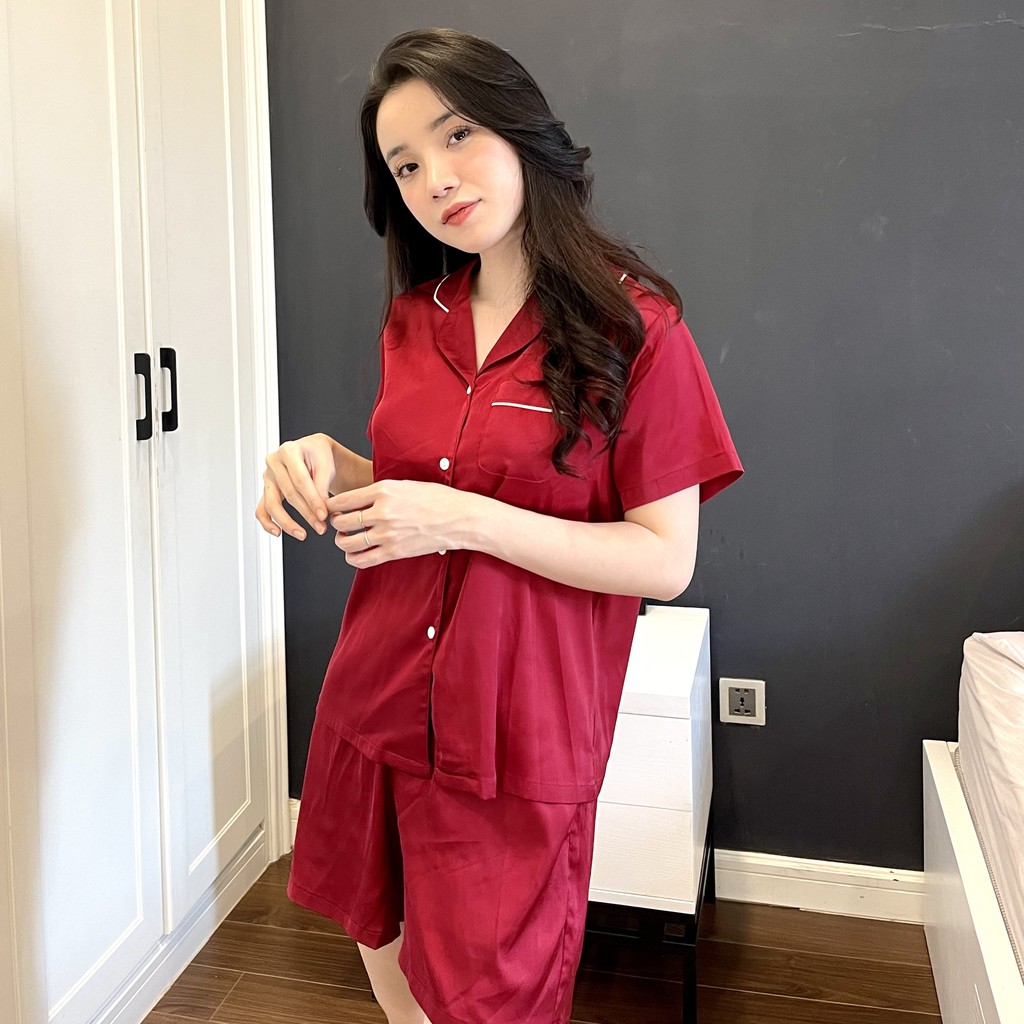 Đồ Bộ Pijama - Bộ Lụa Latin cao cấp màu đỏ đô tay ngắn quần dài, đùi [FREE SHIP]