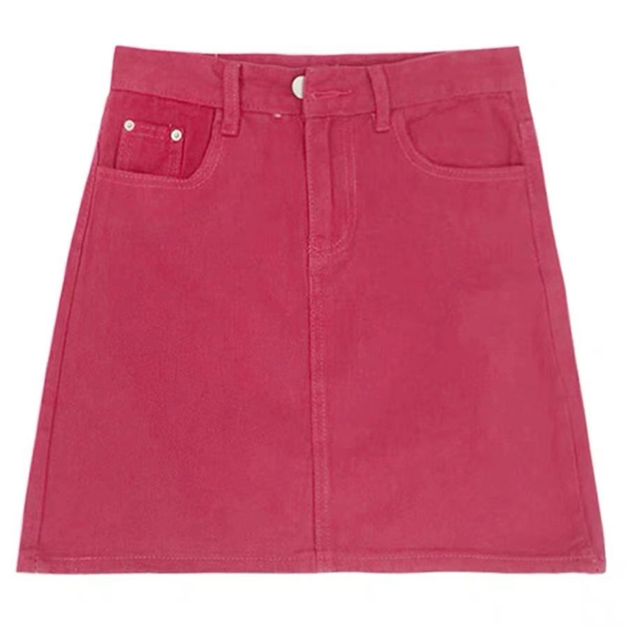 Jiashucheng Chân Váy Denim Ngắn Dáng Chữ A Lưng Cao Màu Đỏ Hồng Ngọt Ngào Thời Trang Mùa Hè Nóng Bỏng Cho Nữ