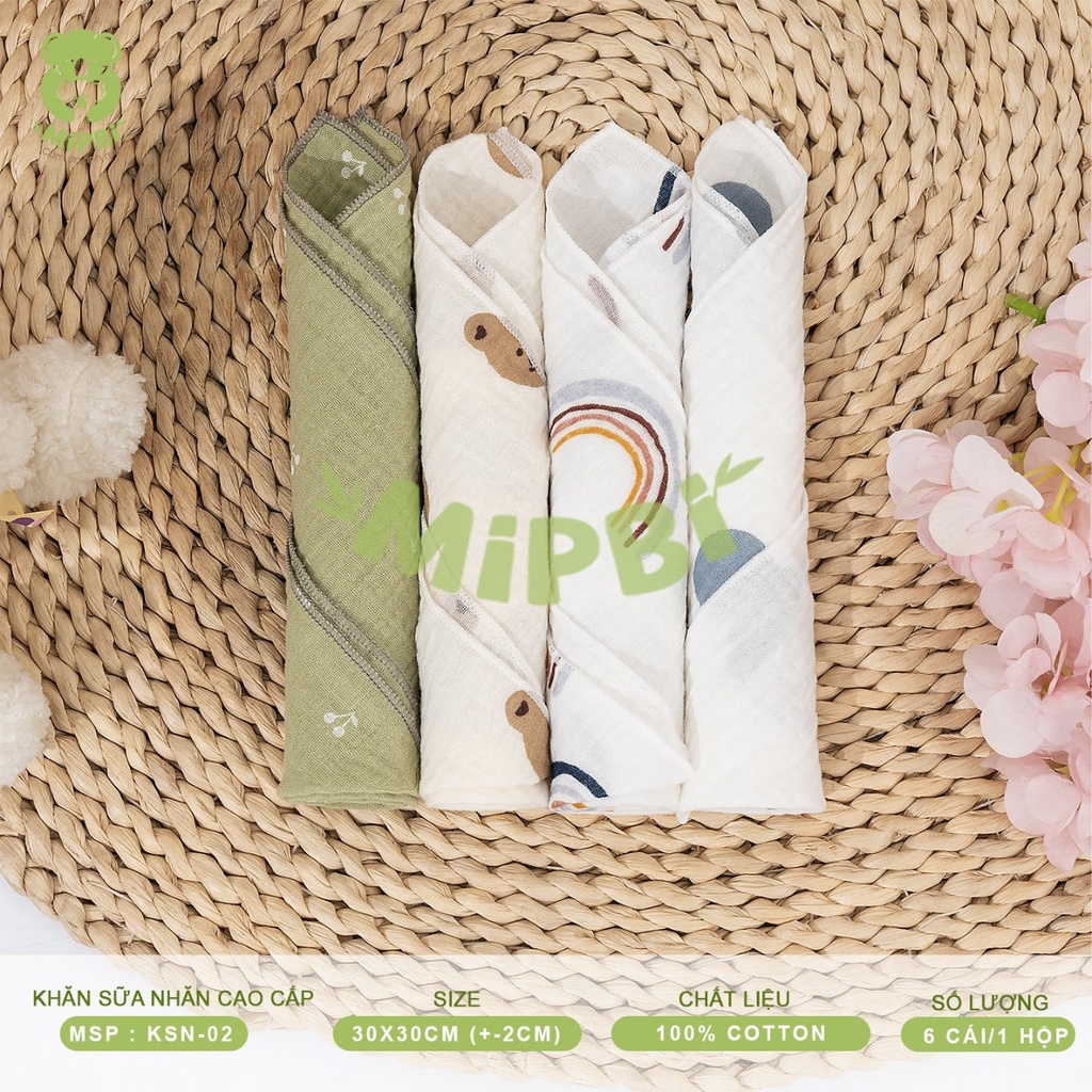 Khăn sữa nhăn cao cấp Mipbi hộp 6 cái KT 30x30cm. Khăn sữa cho bé 100% sợi bông thiên nhiên theo tiêu chuẩn Châu Âu