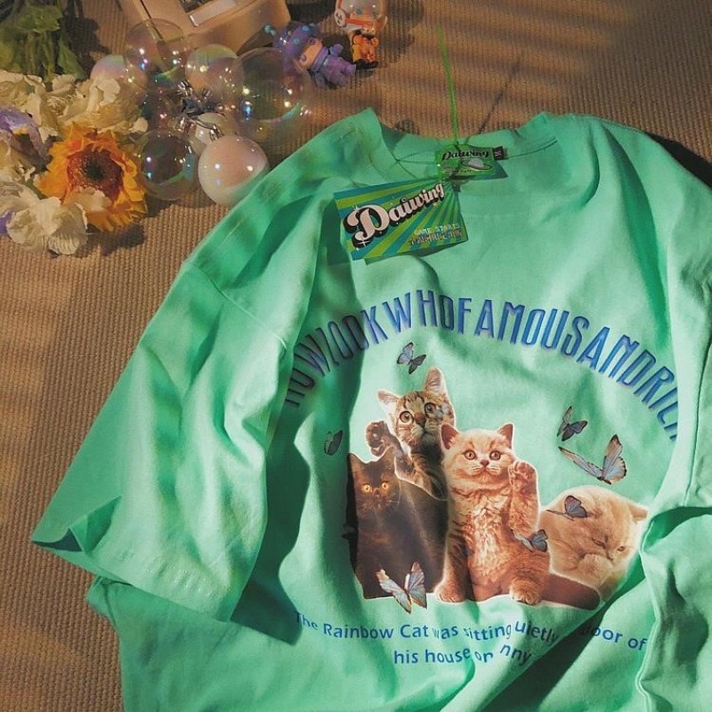 Áo Thun Nữ Tay Ngắn In Hình Mèo Phong Cách Retro