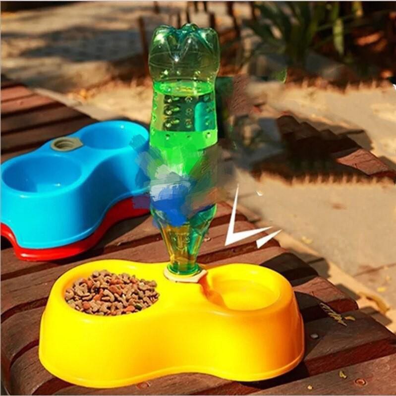 Chén ăn cho chó mèo bát đôi nhựa đựng thức ăn khay có chai nước, phụ kiện thú cưng Con Mèo Xiêm