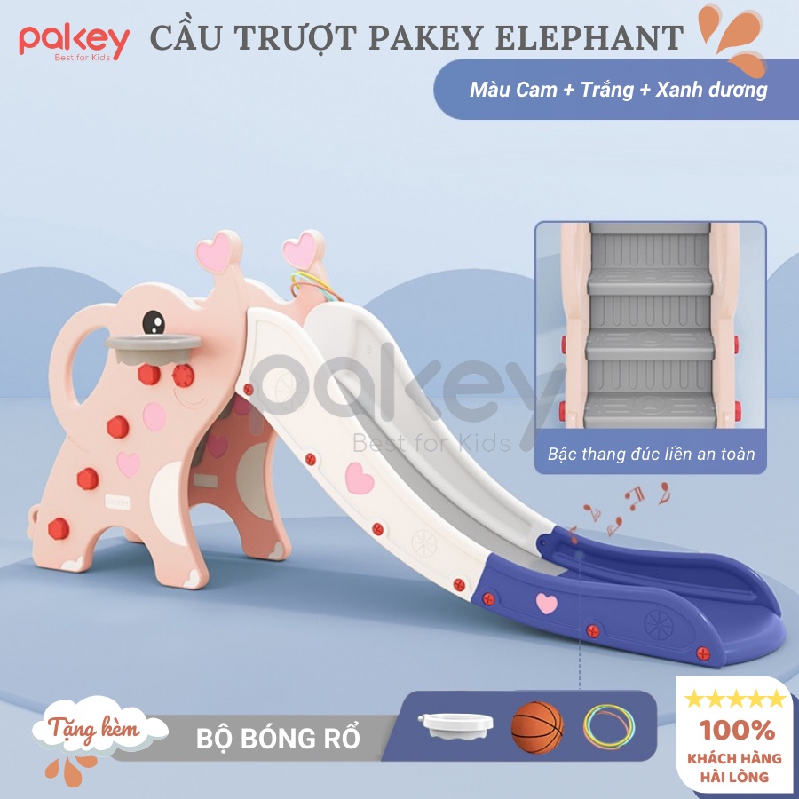 Cầu trượt voi Pakey, cầu trượt cho bé TẶNG KÈM BÓNG RỔ + NÉM VÒNG, nâng cấp bậc khép kín an toàn