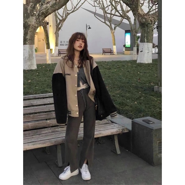 Áo khoác nỉ cardigan nâu tây ( thân nâu be tay đen ) | BigBuy360 - bigbuy360.vn