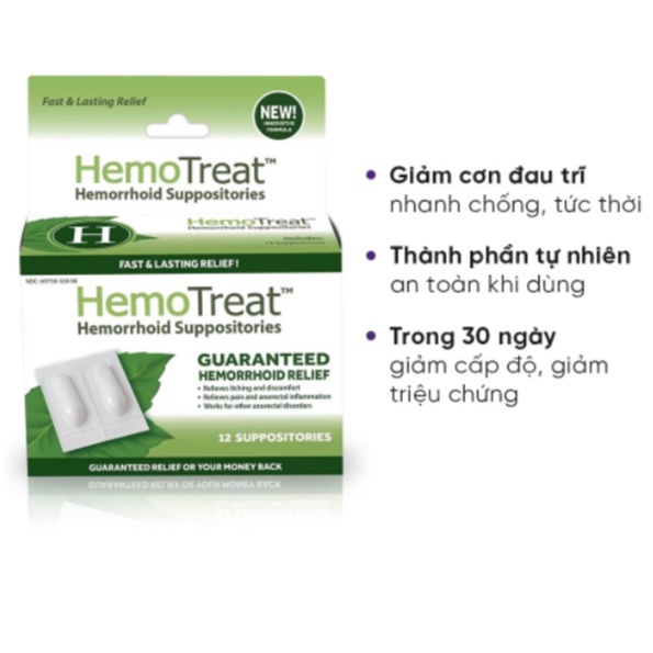 Viên nhét trĩ HEMOTREAT H – Giúp giảm nhanh đau trĩ, giảm 1 cấp độ trĩ sau 30 ngày (12 viên đặt)