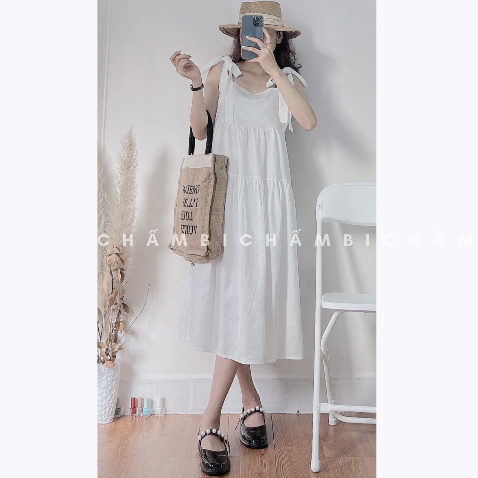 Váy babydoll Hàn Quốc V.079, Váy dáng dài 2 tầng xòe thắt nơ vai cực xinh | BigBuy360 - bigbuy360.vn