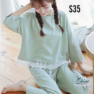 Đồ mặc ở nhà, bộ thun dài tay, HỌA TIẾT VIỀN REN