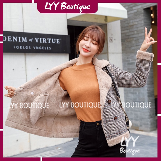Áo khoác nữ dạ kẻ cổ vest lót lông dày ấm áp freesize hàng Quảng Châu LYY BOUTIQUE