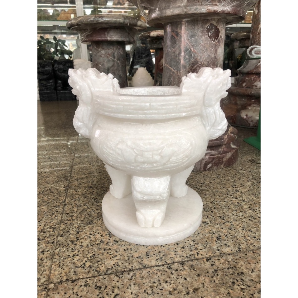 Lư hương, bát nhang thờ cúng chạm rồng đá trắng - Cao 25 cm