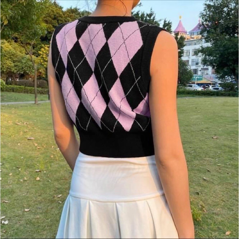 Áo len nữ gile sọc vuông ba lỗ croptop - Order taobao quảng châu