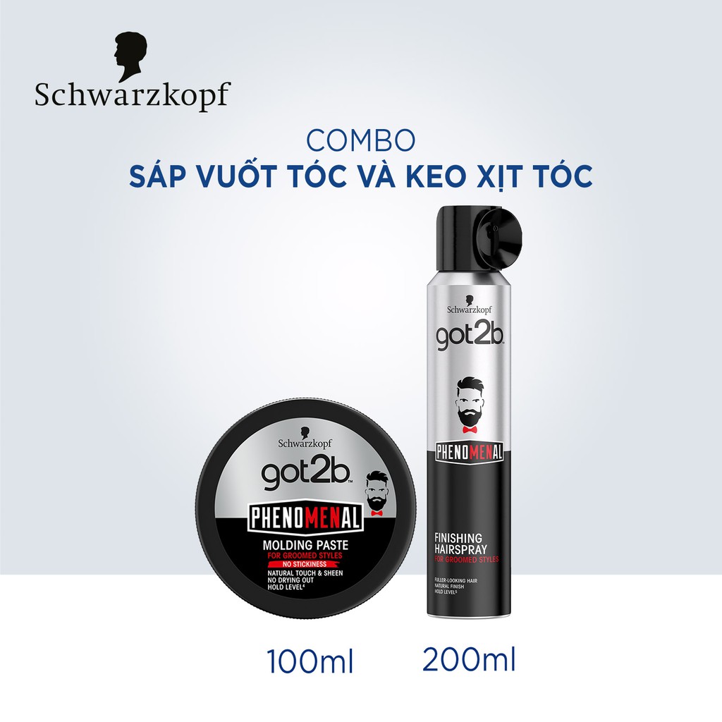 Combo sáp vuốt tóc Schwarzkopf Got2b Phenomenal Molding Paste 100ml và keo xịt tóc Got2b Finishing Hairspray 200ml