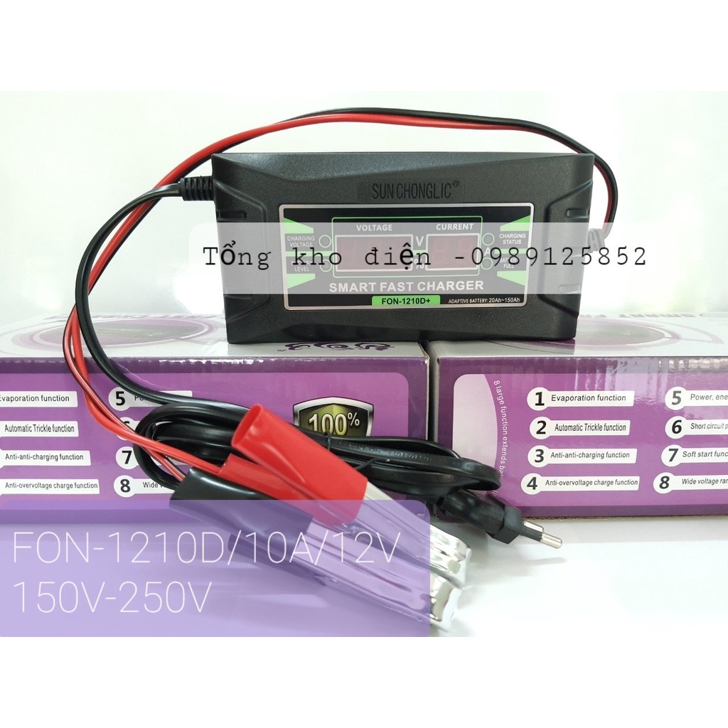{SĂN} Bộ sạc bình ắc quy nhanh 6A-10Acó màn hình hiển thị - FON-1206D- 1210D Cho Xe Máy / Ô Tô